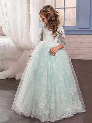 Ballkleid Spitze Tüll Sweep Pinsel Zug Hochzeit Party Blumenmädchenkleider mit Ärmeln