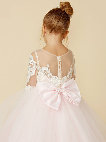 Ballkleid Spitze Tüll Hochzeit Party Festzug Blumenmädchenkleider mit Ärmeln