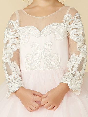 Ballkleid Spitze Tüll Hochzeit Party Festzug Blumenmädchenkleider mit Ärmeln