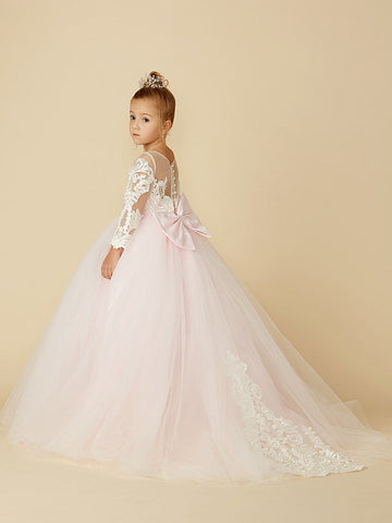 Ballkleid Spitze Tüll Hochzeit Party Festzug Blumenmädchenkleider mit Ärmeln