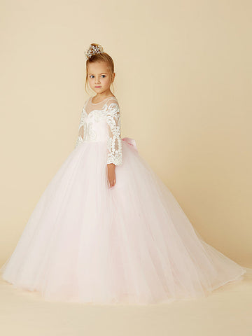 Ballkleid Spitze Tüll Hochzeit Party Festzug Blumenmädchenkleider mit Ärmeln