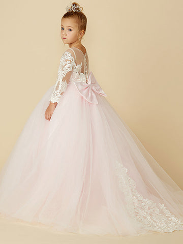 Ballkleid Spitze Tüll Hochzeit Party Festzug Blumenmädchenkleider mit Ärmeln