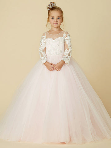 Ballkleid Spitze Tüll Hochzeit Party Festzug Blumenmädchenkleider mit Ärmeln