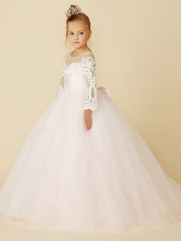 Ballkleid Spitze Tüll Hochzeit Party Festzug Blumenmädchenkleider mit Ärmeln