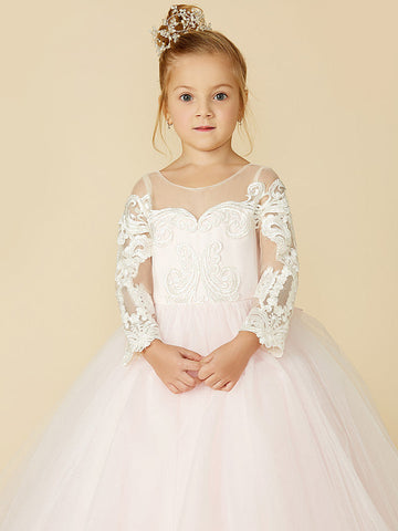 Ballkleid Spitze Tüll Hochzeit Party Festzug Blumenmädchenkleider mit Ärmeln
