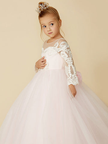 Ballkleid Spitze Tüll Hochzeit Party Festzug Blumenmädchenkleider mit Ärmeln