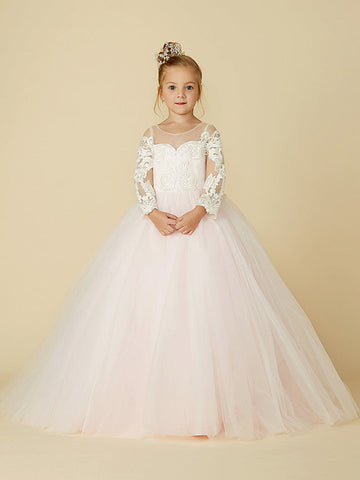 Ballkleid Spitze Tüll Hochzeit Party Festzug Blumenmädchenkleider mit Ärmeln
