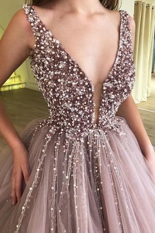 Ball Gown Sexy Deep V-Neck Wide Strap Floor Length Tulle Beadings Prom Dress