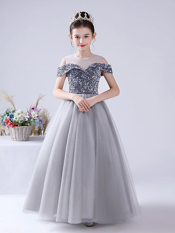 Ballkleid Tüll Pailletten Off The Shoulder Jewel Neck Party Geburtstag Blumenmädchenkleider