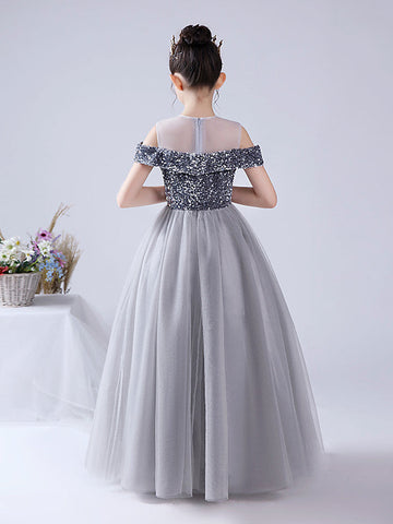 Ballkleid Tüll Pailletten Off The Shoulder Jewel Neck Party Geburtstag Blumenmädchenkleider