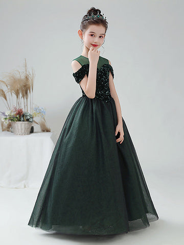 Ballkleid Tüll Pailletten Off The Shoulder Jewel Neck Party Geburtstag Blumenmädchenkleider
