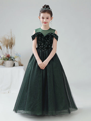 Ballkleid Tüll Pailletten Off The Shoulder Jewel Neck Party Geburtstag Blumenmädchenkleider