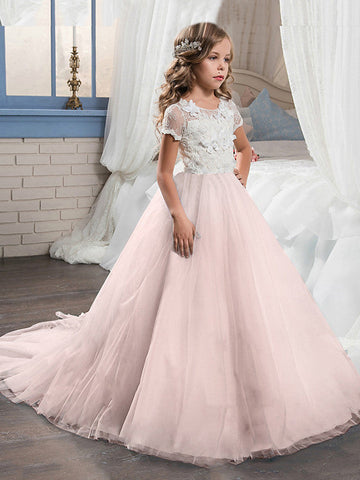 Ballkleid Tüll Kurzarm Juwel-Ausschnitt Sweep Pinsel Zug Hochzeit Party Blumenmädchenkleider