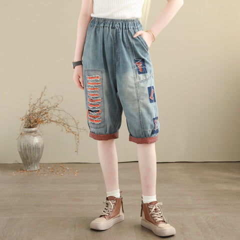 Women Summer Casual Minimalist Patchwork Denim Shorts