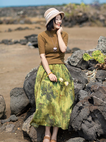 Plus Size Women Summer Vintage Ink-print Pleat Pocket Ramie Skirt