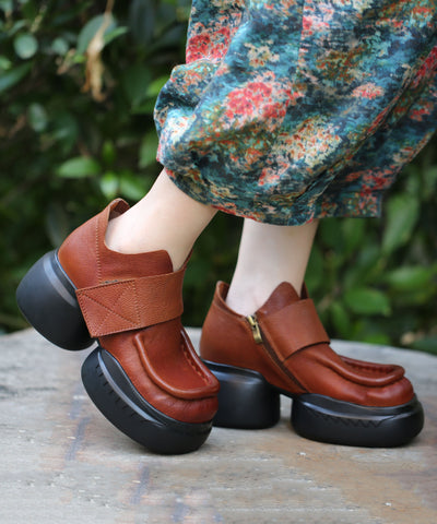Handmade Brown Cowhide Leather Loafers For Women Splicing Loafers Boots