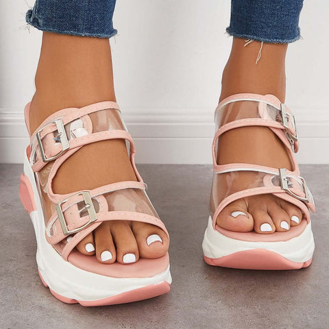Clear Slip On Wedge Sandals Double Buckle Slide Slippers