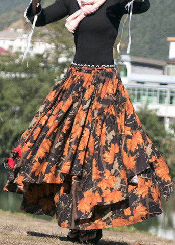 Plus Size Print Cinched Asymmetrical Patchwork Cotton Maxi Skirts Fall