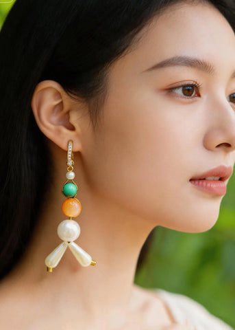 Retro White Pearl Fine Turquoise Oriental Drop Earrings
