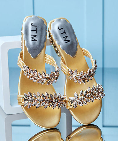 Women Splicing Chunky Gold Zircon Slide Sandals Peep Toe