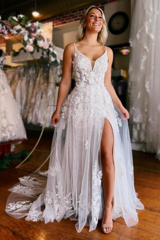 Bmbridal Spaghetti-Straps Sleeveless Wedding Dress A-Line With Appliques