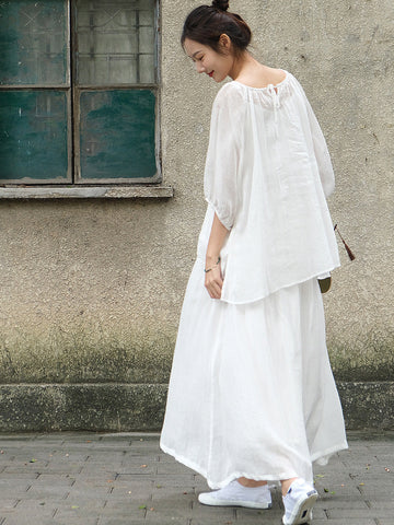 Women  Summer Casual Solid Pleat Drawstring Loose Shirt+Skirt