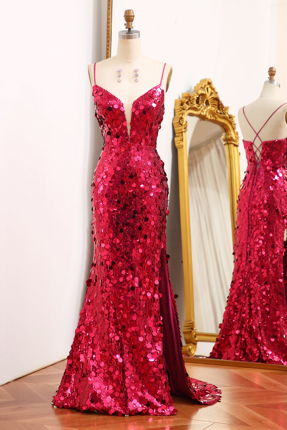 Sparkly Mermaid Spaghetti Straps Fuchsia Sequins Long Prom Dress with Split Front