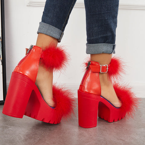 Furry Platform Chunky High Heels Open Toe Ankle Strap Sandals