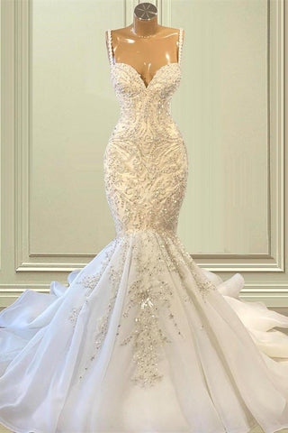 Spaghetti-Straps Sleeveless Wedding Dress Mermaid Long With Beadings
