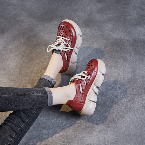 Summer Hollow Retro Leather Casual Platform Sandals