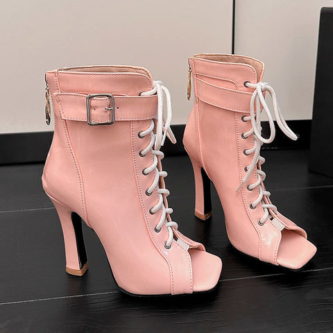 Summer High Heels Ankle Boots for Women 2024 Spring Peep Toe Lace Up Pumps Party Jazz Dance Shoes Ladies Booties Large Size 47