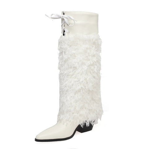 White Blue Feather Pointy Tall Boots Womens Elegant High Heels Shoes Ladies Casual Winter Autumn Catwalk Perform Knee High Boots