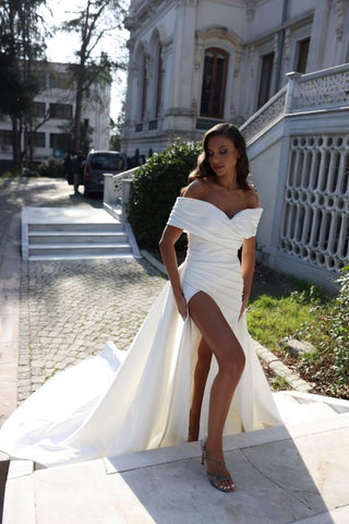 Off-the-Shoulder Mermaid Wedding Dress Satin Long With Slit