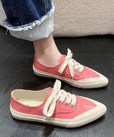 0508Pink Faux Leather Flat Shoes For Women Lace Up Splicing Pointed Toe