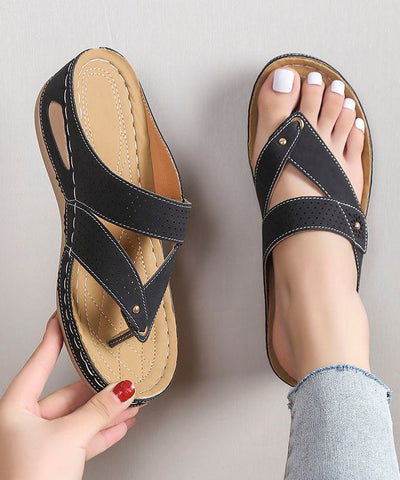 0508Unique Black Plus Size Splicing Wedge Thong Sandals Faux Leather