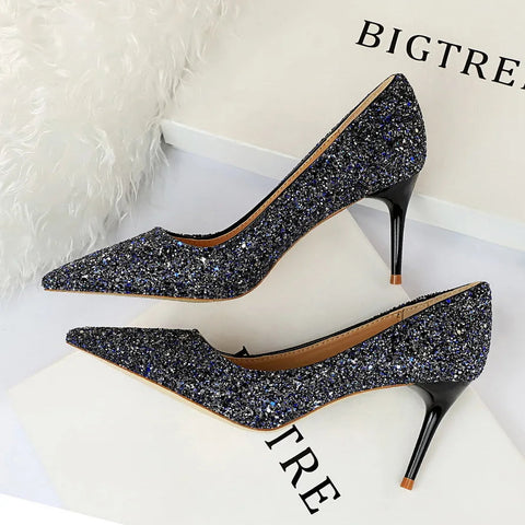 2024 summer new  style sexy nightclub slim heels for women's skinny heels fashion glitter single shoes