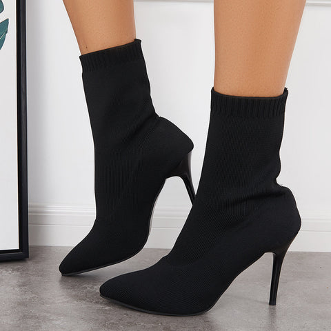 Stretch Stilettos Sock Booties Pointed Toe High Heel Mid Calf Boots
