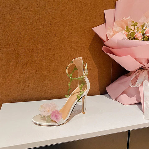 New Pink Countryside Chiffon Flower Fantasy High Heels Straight Vine Strap Sandals