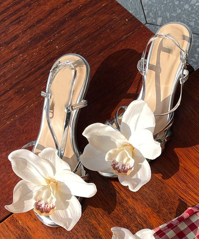 2025 New Silver Flower Open Toed Buckle High Heeled Sandals