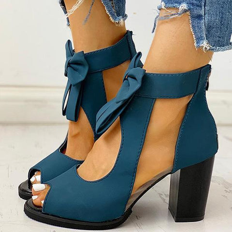 Mesh Chunky Block Heels Bowknot Strappy Sandals