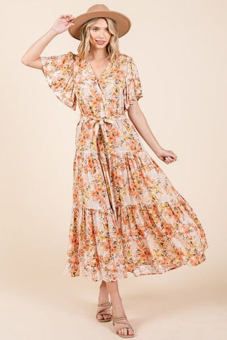 Floral Tie Waist Flutter Sleeve Tiered Summer Dress