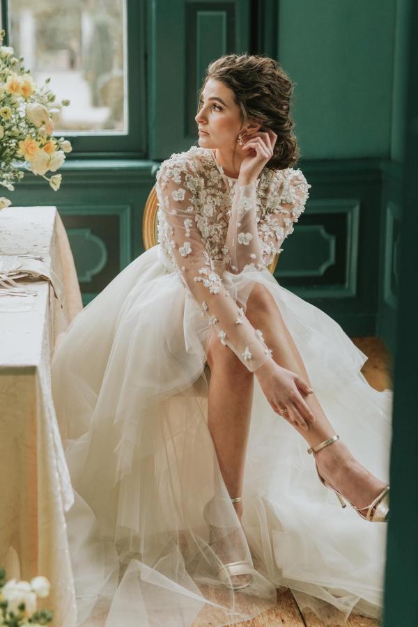 Bmbridal Long Sleeves Hi-Lo Wedding Dress With Lace Appliques