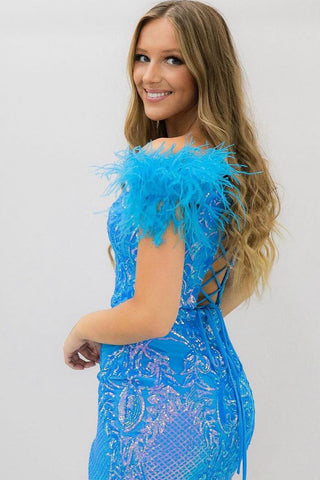 Trendy Sheath Off the Shoulder Purple Short Homecoming Dress with Feather