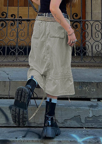 Fashion Grey Pockets Cinched Patchwork Cotton Skirts Summer