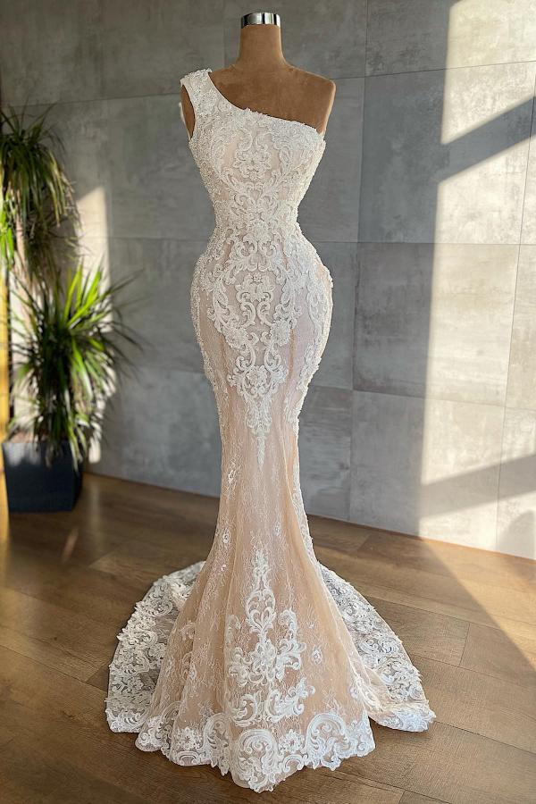 Bmbridal One Shoulder Wedding Dress Mermaid Lace Champagne Bridal Gown
