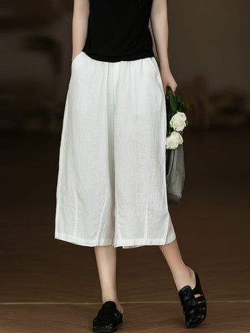 Women Summer Solid Casual Pocket Wide-leg Linen Pants