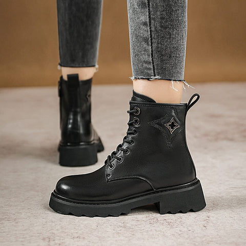 Winter Retro Leather Furred Thick Sole Boots