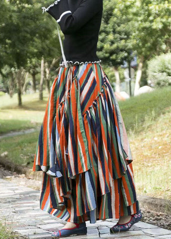Organic Striped Wrinkled Asymmetrical Layered Patchwork Cotton Skirts Fall
