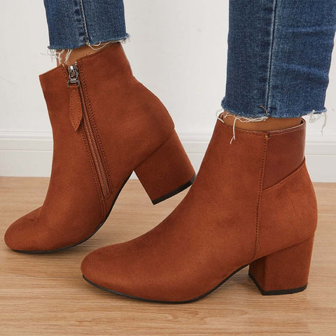 Chunky Block Mid Heel Ankle Boots Side Zipper Booties