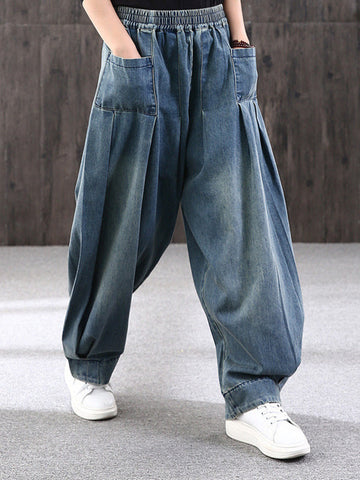 Leisure Solid Denim Puff Pants Bottoms
